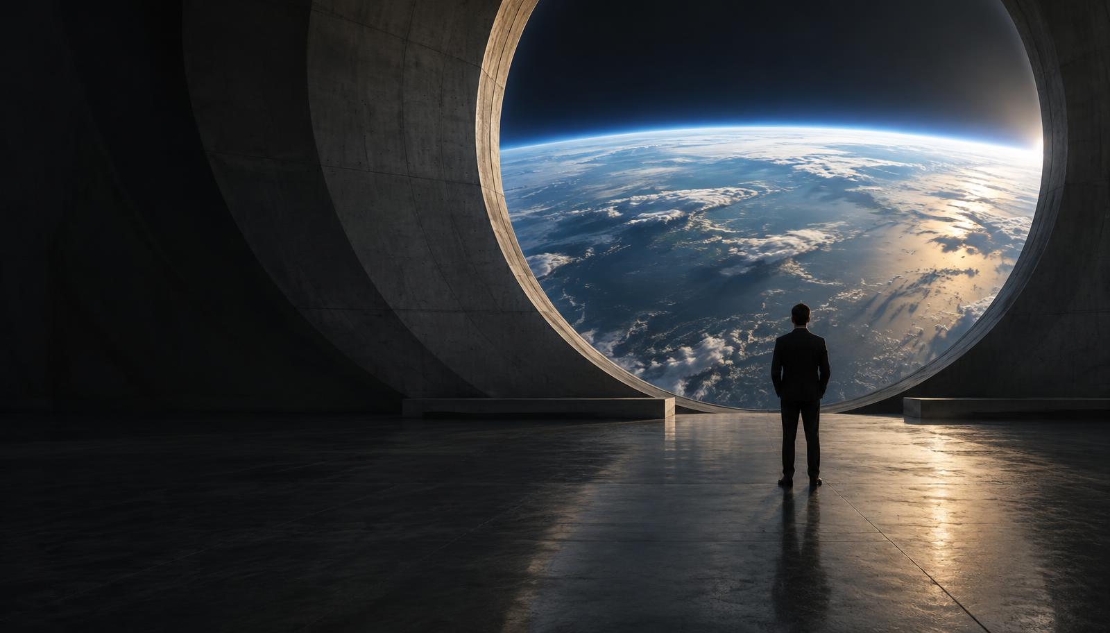 A person looking toward the Earth through a monumental circular opening