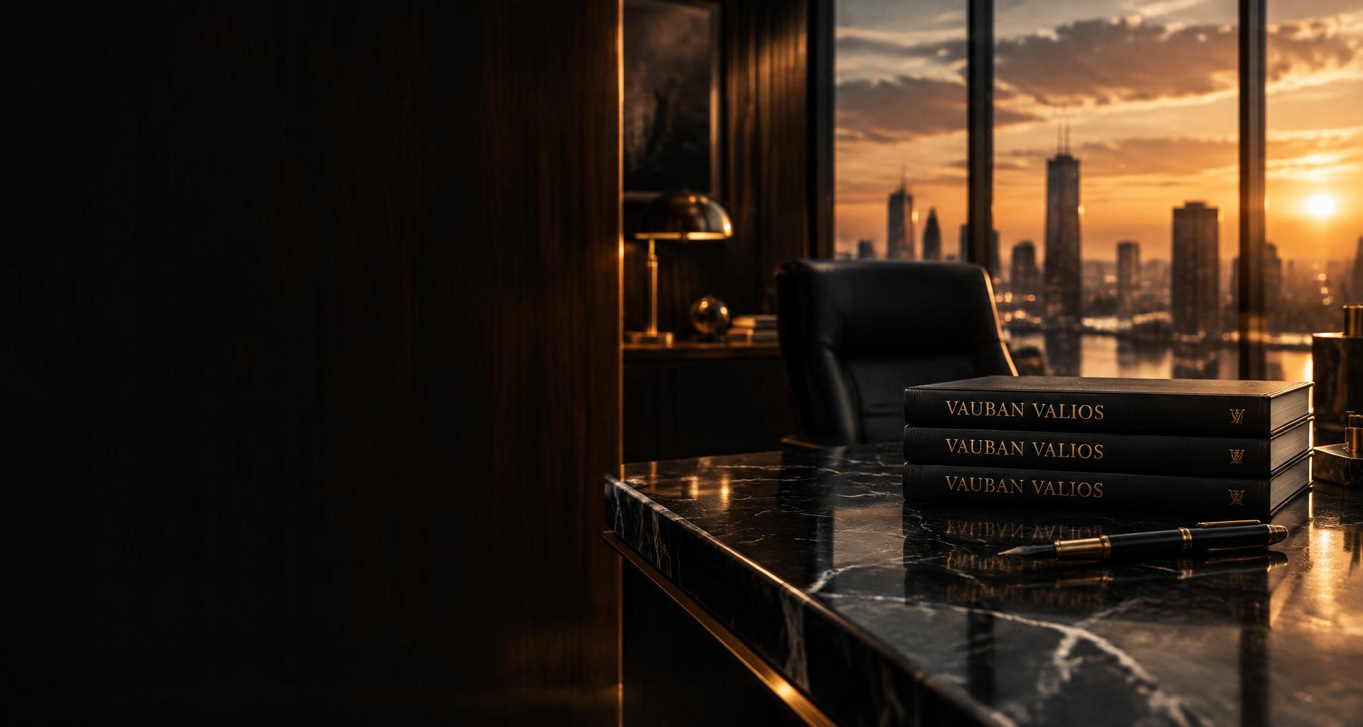 A marble desk with VAUBAN VALIOS volumes before a dusk skyline