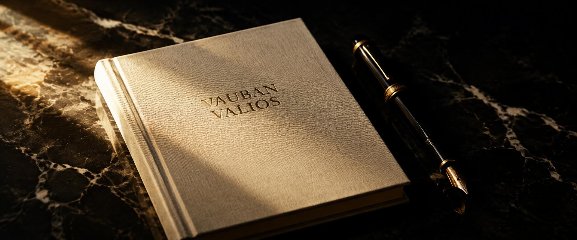 An embossed VAUBAN VALIOS journal and fountain pen on dark marble