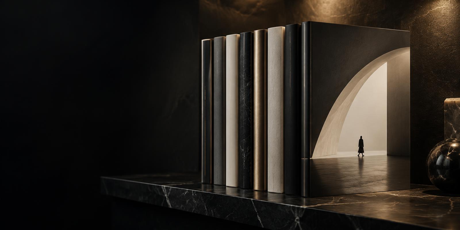 A sculptural collection of magazines on a dark marble shelf